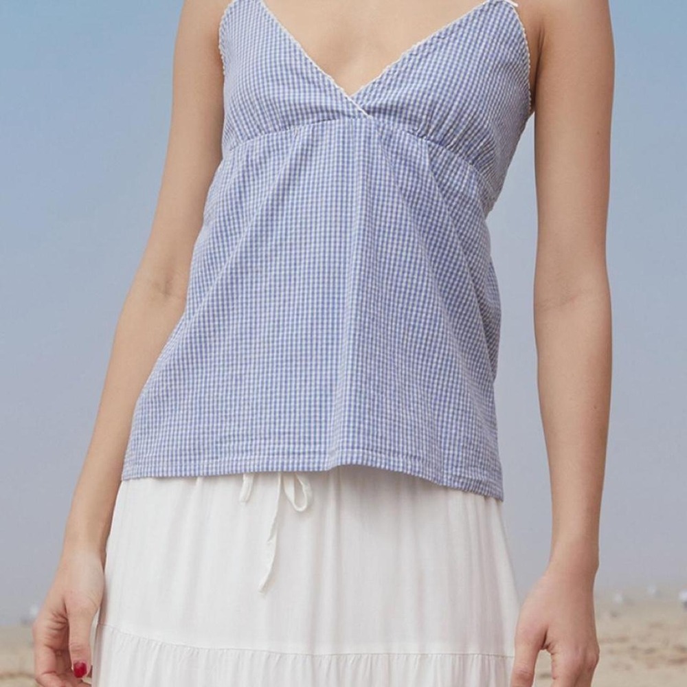 Brandy Melville John Galt Blue White Gingham Gingham Tank Top Lace Trim XS OS